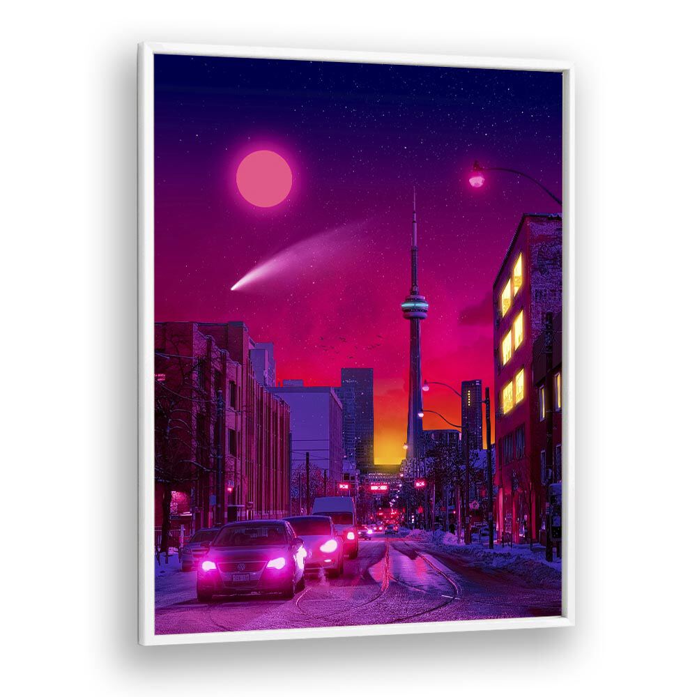 Vibrant urban scene of NEON CITY, SURREAL ART PRINTS by Ritvik Takkar, blending imagination with reality.