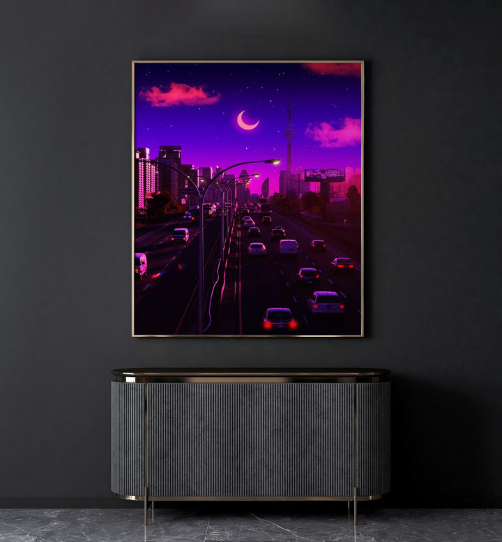 Vibrant cityscape at dusk featuring NEON DUSK, SURREAL ART PRINTS by Ritvik Takkar, perfect for modern decor.