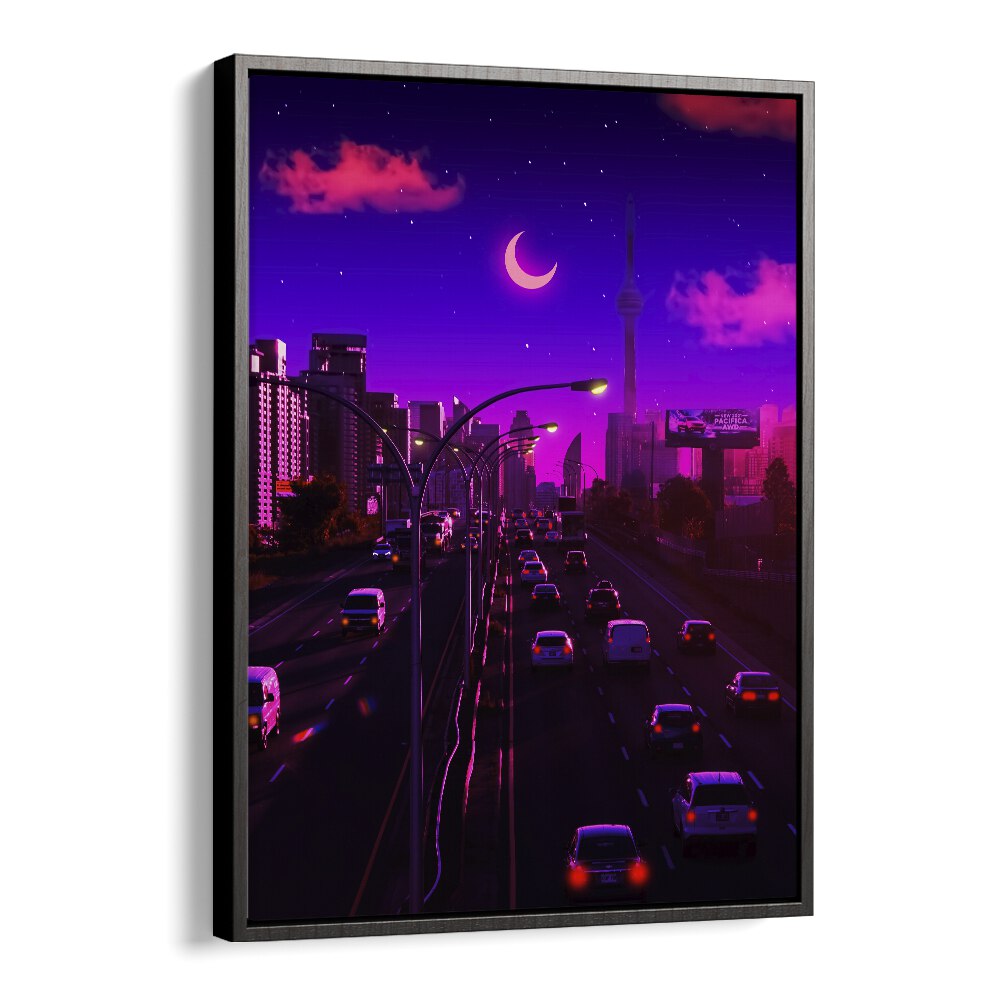 Vibrant cityscape at dusk featuring "NEON DUSK, SURREAL ART PRINTS" by Ritvik Takkar in a sleek floater frame.