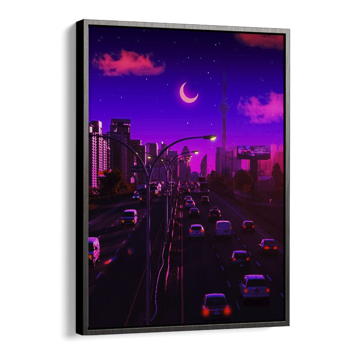 Vibrant cityscape at dusk featuring "NEON DUSK, SURREAL ART PRINTS" by Ritvik Takkar in a sleek floater frame.