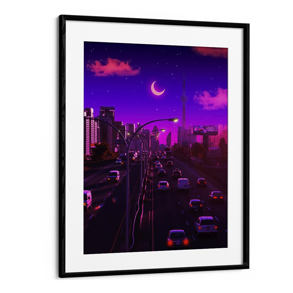 Vibrant cityscape in "NEON DUSK, SURREAL ART PRINTS" by Ritvik Takkar, framed for a stunning display.