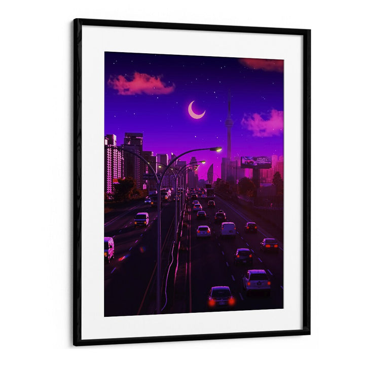 Vibrant cityscape in "NEON DUSK, SURREAL ART PRINTS" by Ritvik Takkar, framed for a stunning display.