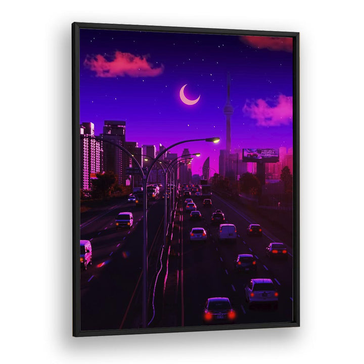 Vibrant cityscape of "Neon Dusk," a surreal art print by Ritvik Takkar, showcasing vivid colors and creativity.