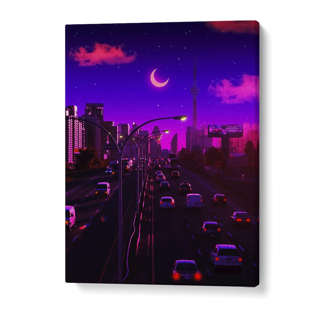 Vibrant cityscape at dusk featuring "NEON DUSK, SURREAL ART PRINTS" by Ritvik Takkar, perfect for art lovers.