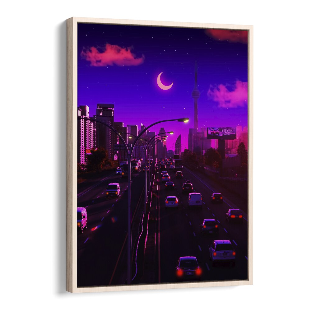 Vibrant cityscape at dusk showcases NEON DUSK, SURREAL ART PRINTS by Ritvik Takkar, perfect for modern decor.