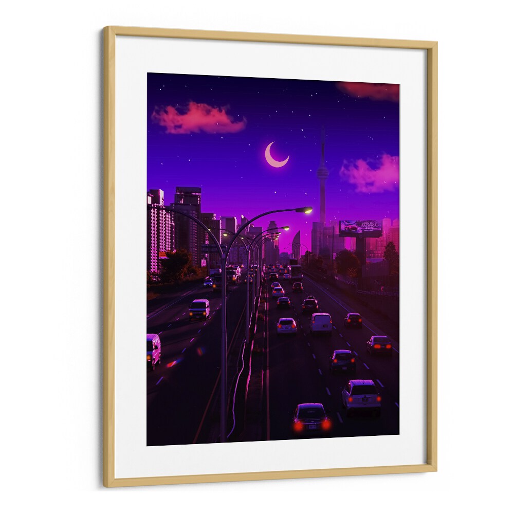 Vibrant cityscape in "NEON DUSK, SURREAL ART PRINTS" by Ritvik Takkar, framed in oak for stunning decor.