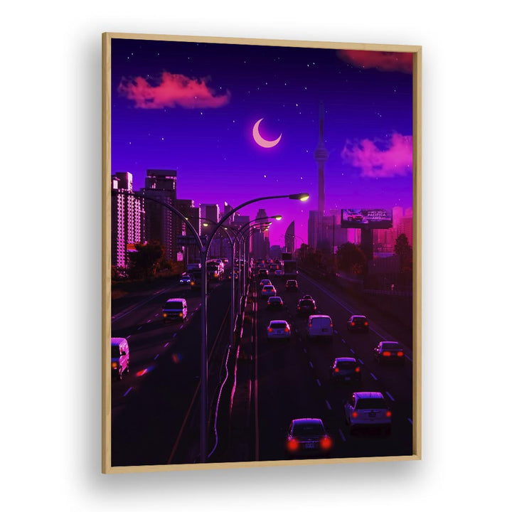 Vibrant cityscape art featuring "Neon Dusk," a stunning surreal art print by Ritvik Takkar, perfect for any decor.