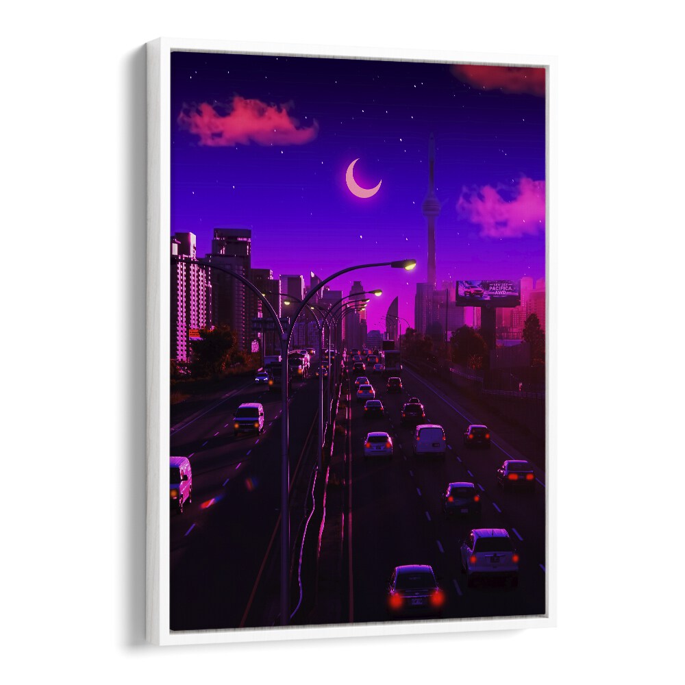 Vibrant cityscape featuring "Neon Dusk," a stunning surreal art print by Ritvik Takkar, perfect for modern decor.