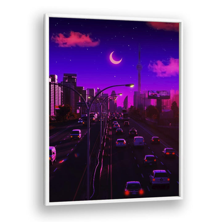 Vibrant cityscape at dusk featuring "NEON DUSK, SURREAL ART PRINTS" by Ritvik Takkar in a stylish frame.