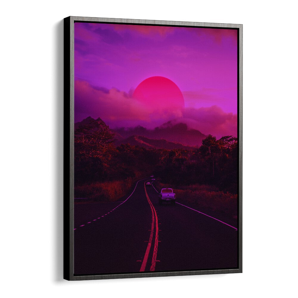 Explore the vibrant NEON MOUNTAIN, SURREAL ART PRINTS by Ritvik Takkar, capturing a dreamlike road and sunset.
