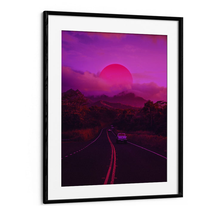 Ritvik Takkar's NEON MOUNTAIN, SURREAL ART PRINTS features a vibrant surreal landscape in a sleek black frame.