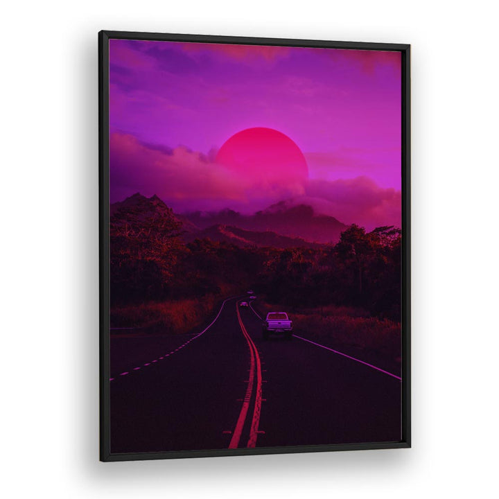 Vibrant NEON MOUNTAIN, SURREAL ART PRINTS, by Ritvik Takkar, features a stunning purple sky and serene road scene.