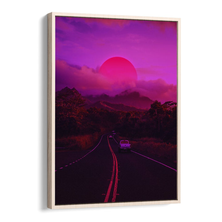 Vibrant NEON MOUNTAIN, SURREAL ART PRINTS by Ritvik Takkar, featuring a stunning sunset and winding road in surreal colors.
