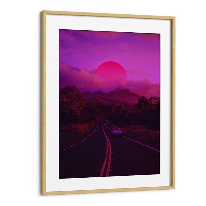 Framed NEON MOUNTAIN, SURREAL ART PRINTS by Ritvik Takkar, featuring vibrant colors and a dreamy landscape.