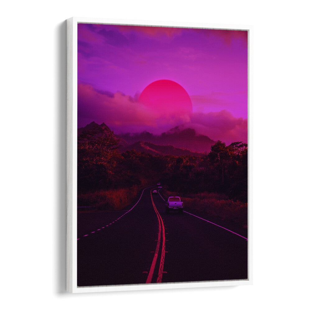 Vibrant NEON MOUNTAIN, SURREAL ART PRINTS by Ritvik Takkar, featuring a striking purple sunset and serene road scene.