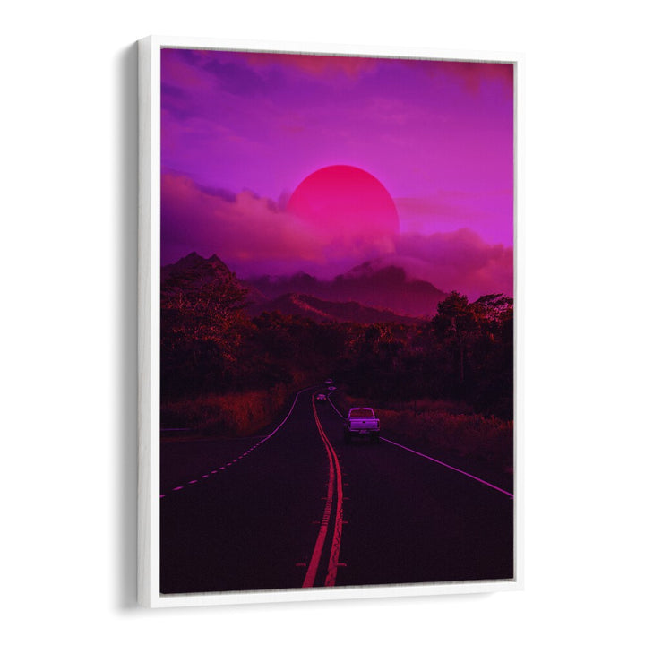 Vibrant NEON MOUNTAIN, SURREAL ART PRINTS by Ritvik Takkar, featuring a striking purple sunset and serene road scene.