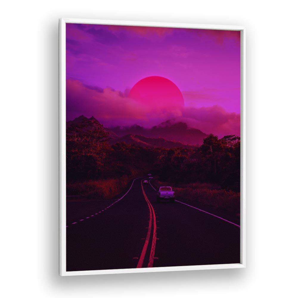 Stunning NEON MOUNTAIN, SURREAL ART PRINTS by Ritvik Takkar, featuring a vibrant pink sunset and winding road.