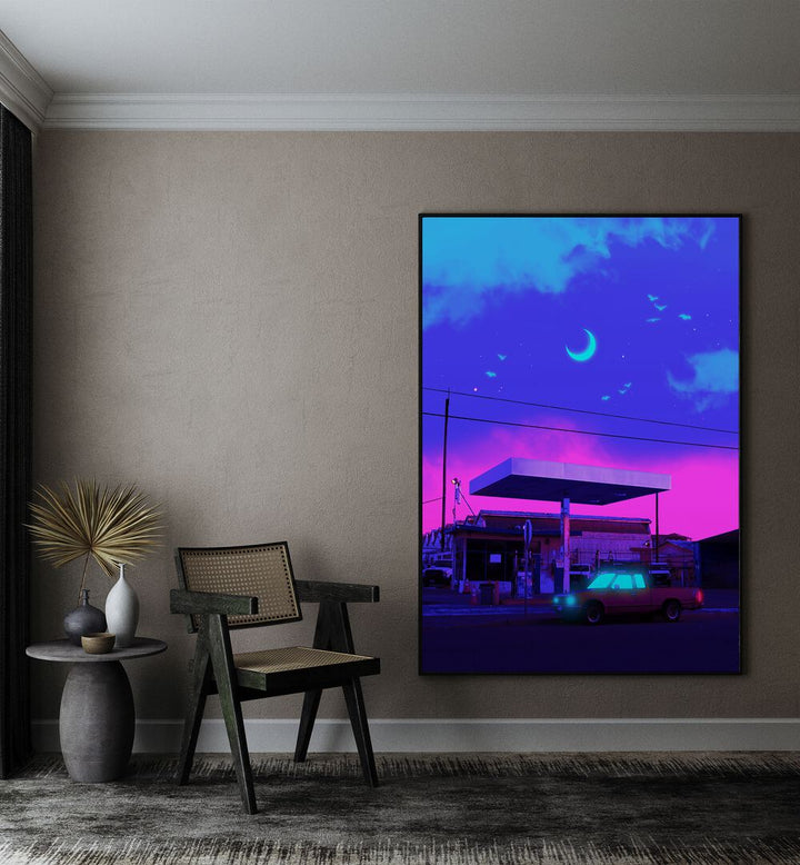 Transform your space with the captivating NEON NIGHT MOON, SURREAL ART PRINTS by Ritvik Takkar, blending elegance and surrealism.