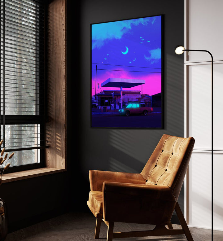 Transform your space with the captivating NEON NIGHT MOON, SURREAL ART PRINTS by Ritvik Takkar, blending surrealism and elegance.