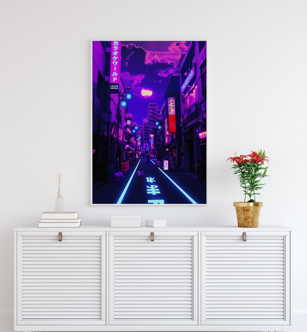 Vibrant street scene featuring NEON PLANET, SURREAL ART PRINTS by Ritvik Takkar, perfect for modern decor.