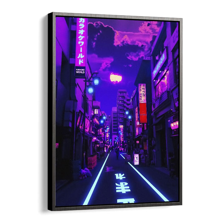 Vibrant streets illuminated in purple hues, showcasing NEON PLANET, SURREAL ART PRINTS by Ritvik Takkar.