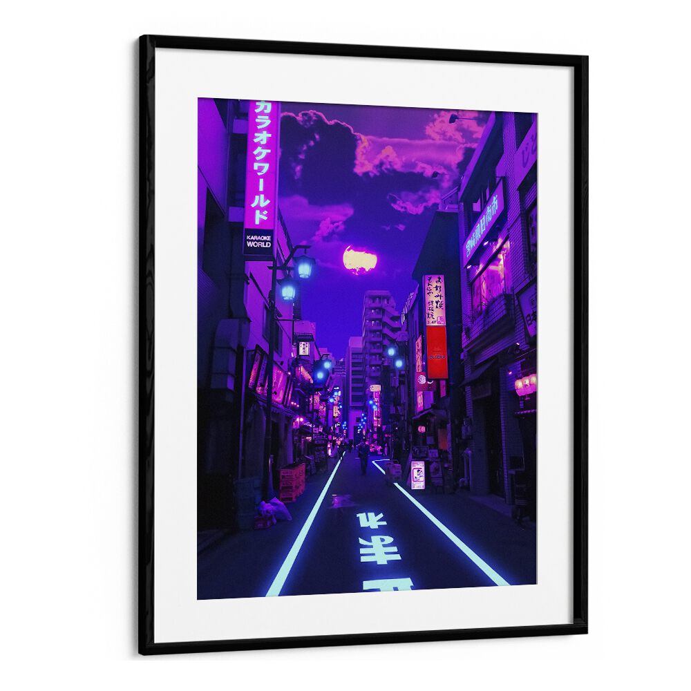 Vibrant neon street scene featuring NEON PLANET, SURREAL ART PRINTS by Ritvik Takkar in a stylish frame.