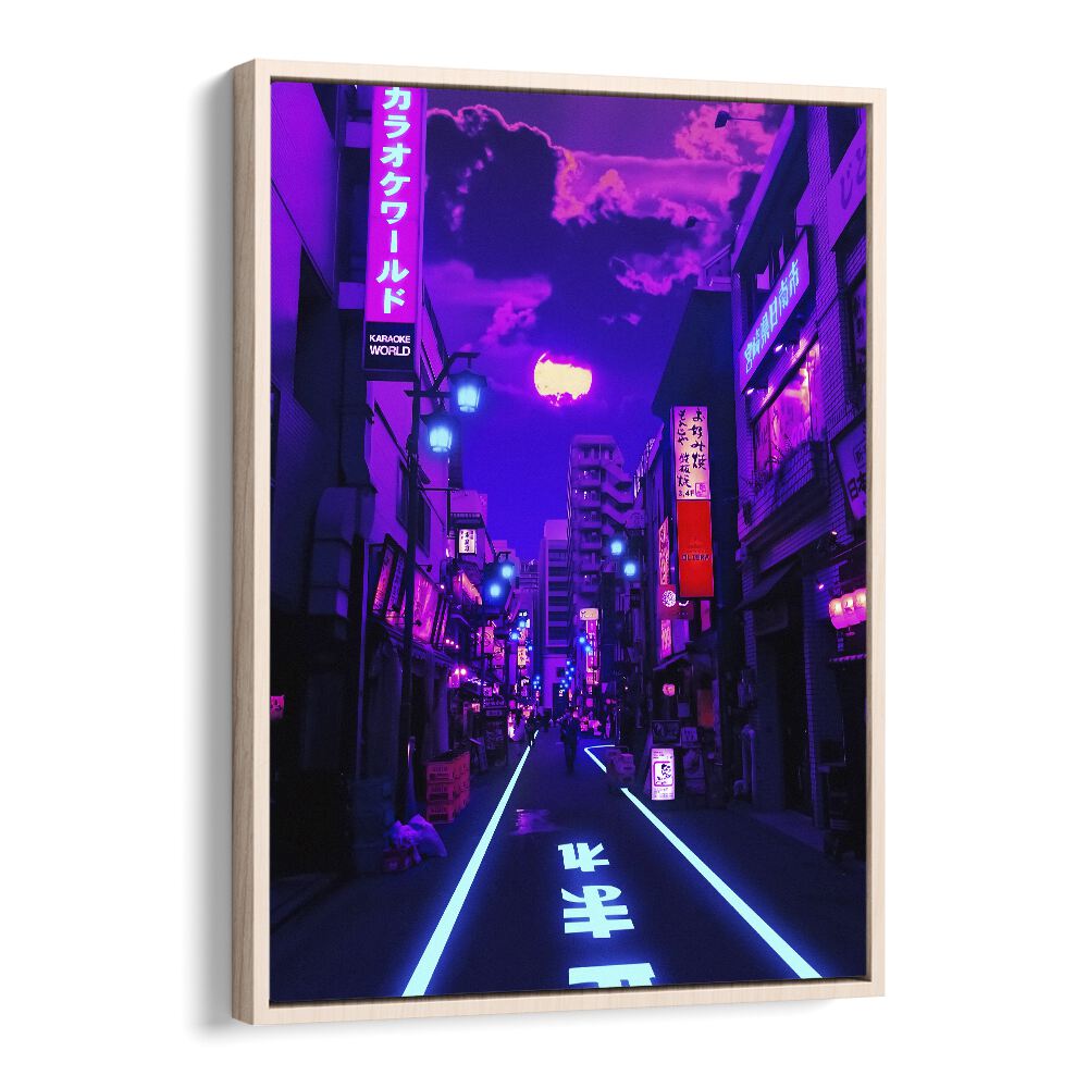 Vibrant streetscape of "Neon Planet," stunning surreal art prints by Ritvik Takkar in elegant oak floater frame.