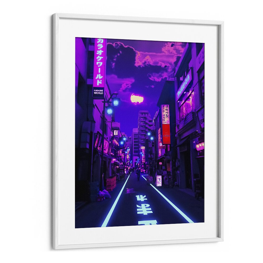 Vibrant streets illuminated in purple hues, featuring NEON PLANET, SURREAL ART PRINTS by Ritvik Takkar. Perfect for any space.