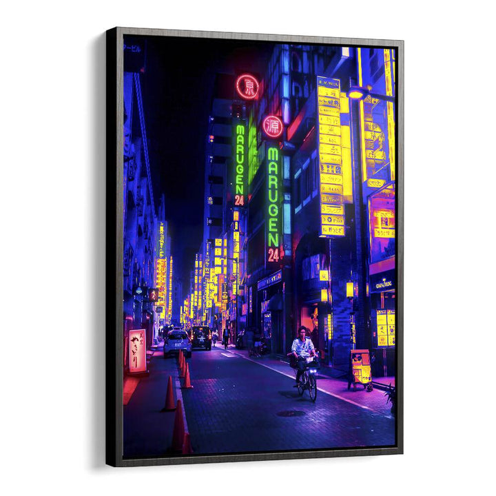 Vibrant NEON STREET, SURREAL ART PRINTS by Ritvik Takkar captures a bustling urban scene with neon lights.