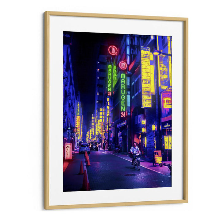 Vibrant "NEON STREET, SURREAL ART PRINTS" by Ritvik Takkar in a sleek oak frame, perfect for modern decor.
