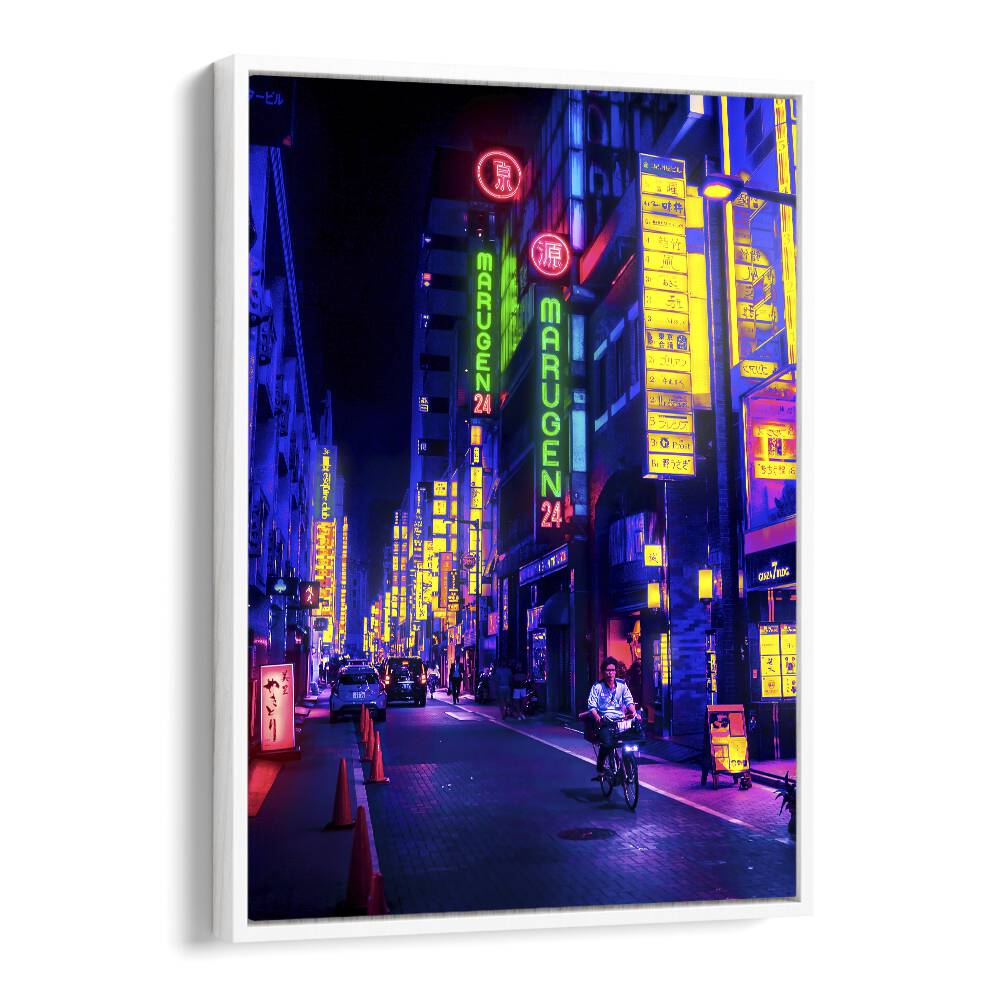 Vibrant "NEON STREET, SURREAL ART PRINTS" by Ritvik Takkar, showcasing a colorful urban scene in stunning detail.