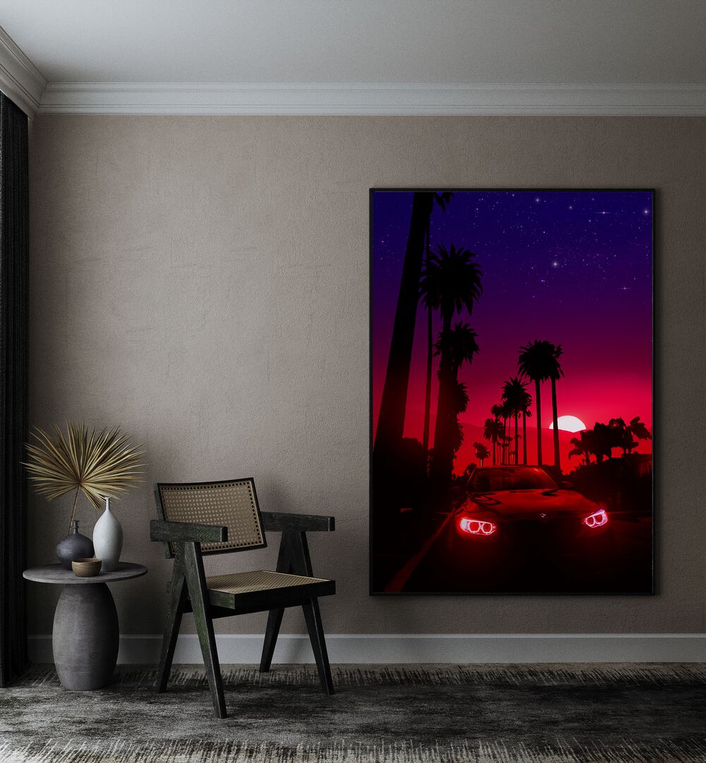 Vibrant NEON SUNSET DRIVE, SURREAL ART PRINTS by Ritvik Takkar enhances any space with stunning surrealism.