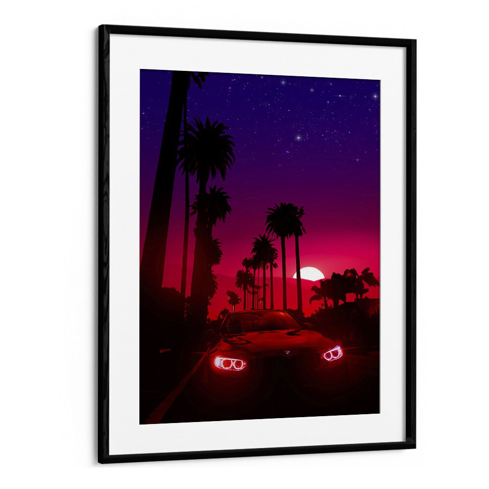 Vibrant NEON SUNSET DRIVE, SURREAL ART PRINTS featuring a car silhouette against a stunning sunset backdrop.