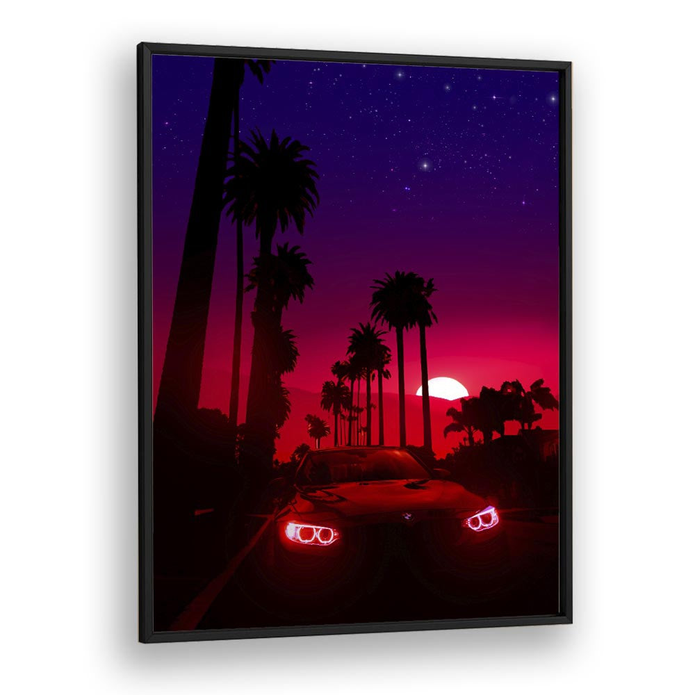 NEON SUNSET DRIVE, SURREAL ART PRINTS by Ritvik Takkar captures a vibrant sunset with a sleek car and palm trees.