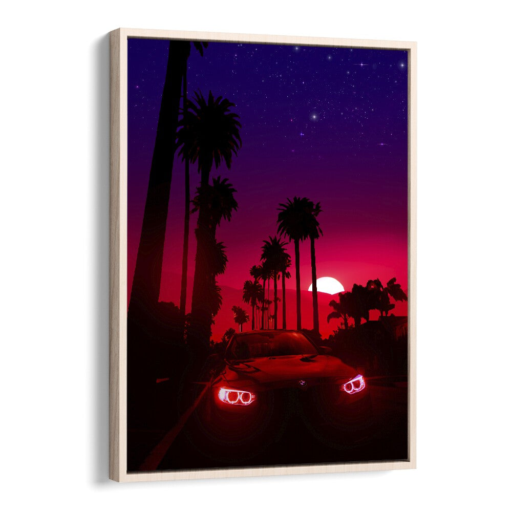 Vibrant NEON SUNSET DRIVE, SURREAL ART PRINTS by Ritvik Takkar, showcasing a stunning sunset and palm trees.