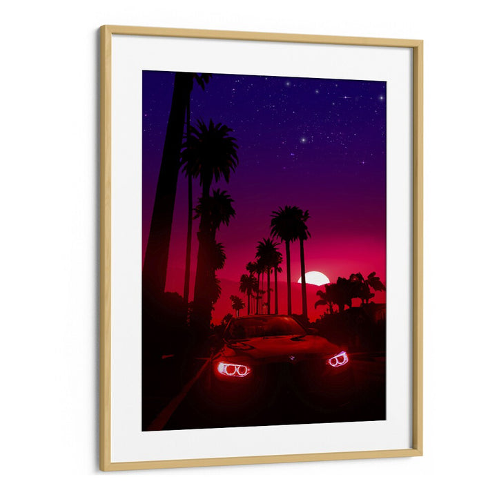 Stunning NEON SUNSET DRIVE, SURREAL ART PRINTS featuring a vivid sunset and palm trees by Ritvik Takkar.