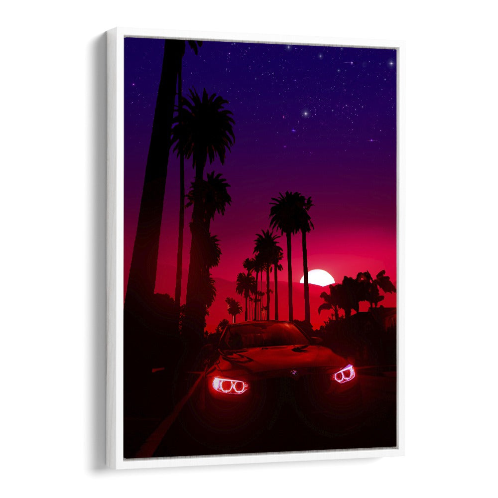 Vibrant NEON SUNSET DRIVE, SURREAL ART PRINTS by Ritvik Takkar, showcasing an artistic evening drive under palm trees.