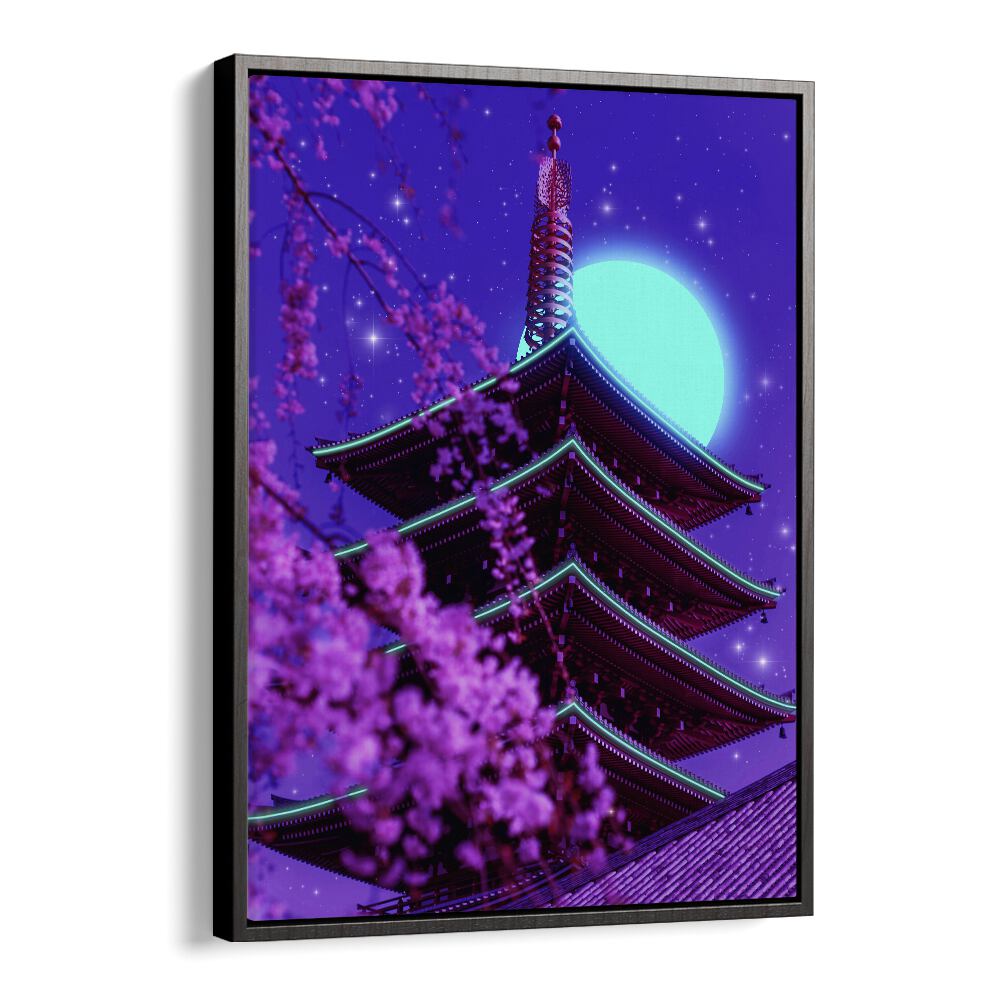 Vibrant NEON TEMPLE, SURREAL ART PRINTS by Ritvik Takkar, featuring a mystical pagoda under a glowing moon.