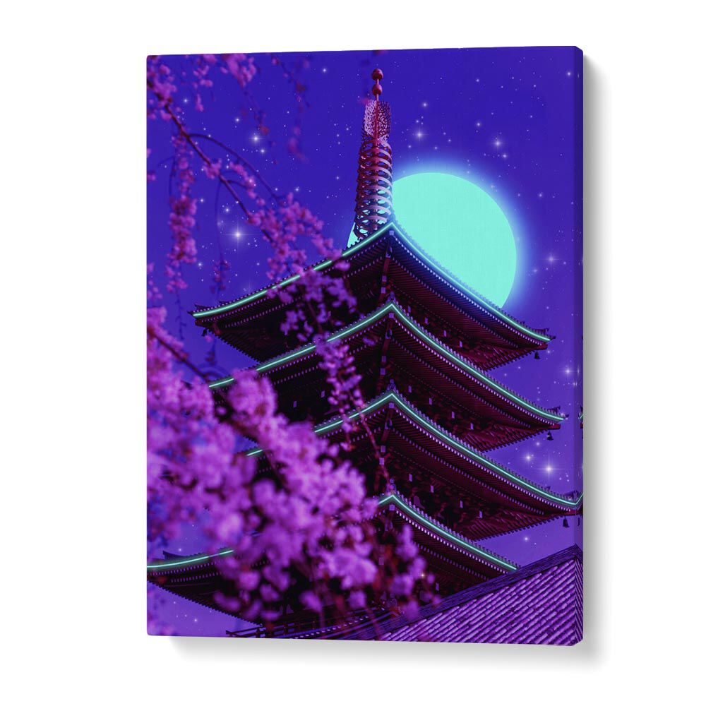 Vibrant NEON TEMPLE, SURREAL ART PRINTS by Ritvik Takkar showcases a mesmerizing pagoda under a glowing moon.