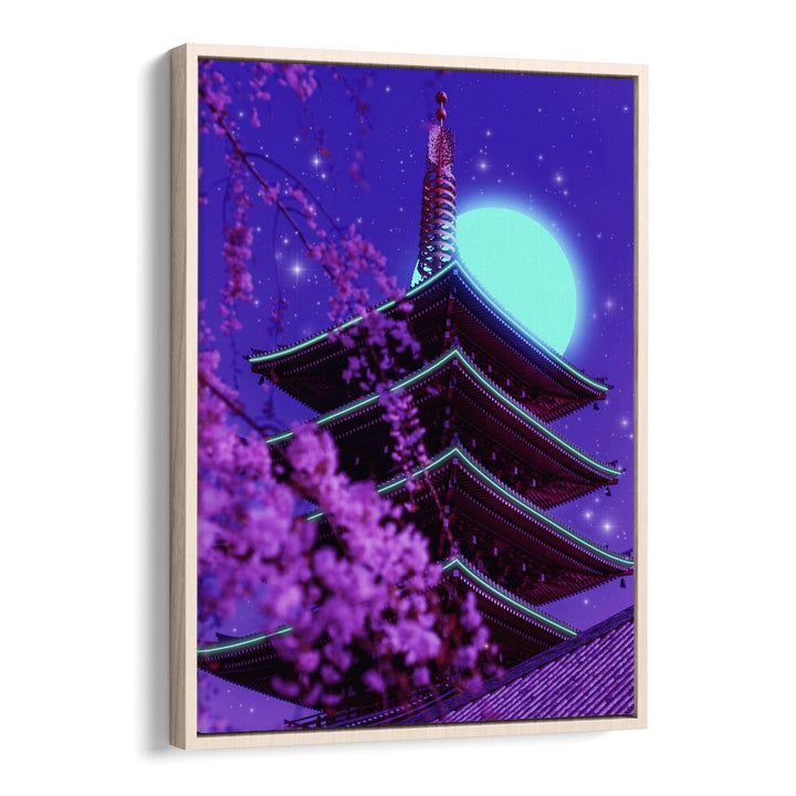 Vibrant NEON TEMPLE, SURREAL ART PRINTS featuring a stunning pagoda under a moonlit sky by Ritvik Takkar.