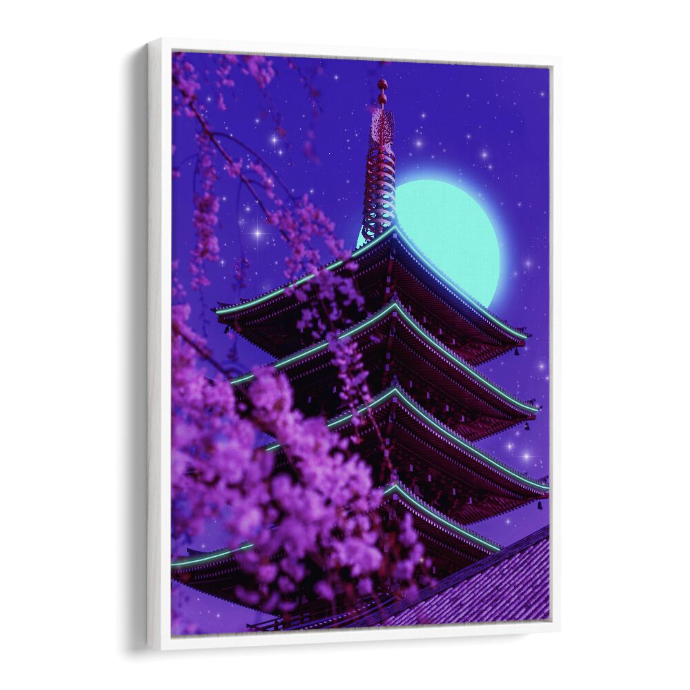 Colorful depiction of a pagoda under a vibrant moon, showcasing NEON TEMPLE, SURREAL ART PRINTS by Ritvik Takkar.
