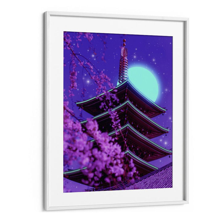 "NEON TEMPLE, SURREAL ART PRINTS by Ritvik Takkar, featuring a vibrant pagoda under a dreamy moonlit sky."