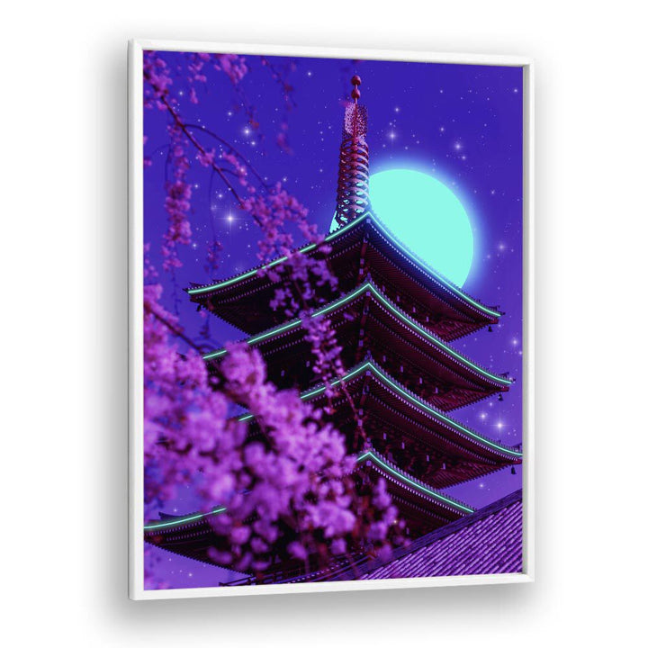 Vibrant "NEON TEMPLE, SURREAL ART PRINTS" by Ritvik Takkar, featuring a stunning pagoda and moonlit backdrop.