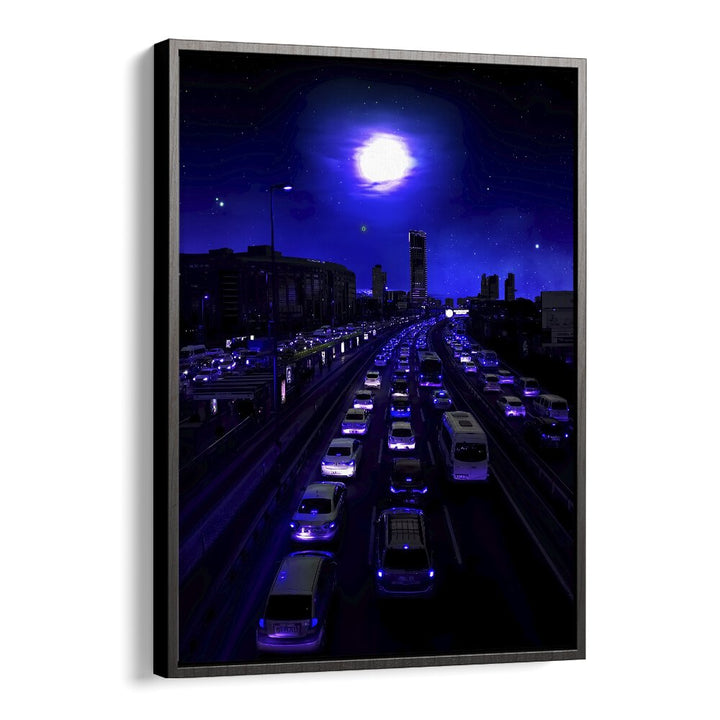 Stunning NEON TRAFFIC, SURREAL ART PRINTS capturing a vibrant city scene by Ritvik Takkar in an elegant floater frame.