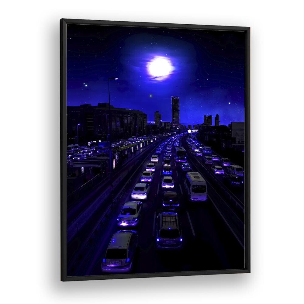Stunning NEON TRAFFIC, SURREAL ART PRINTS by Ritvik Takkar, showcasing vibrant city life under a mystical night sky.