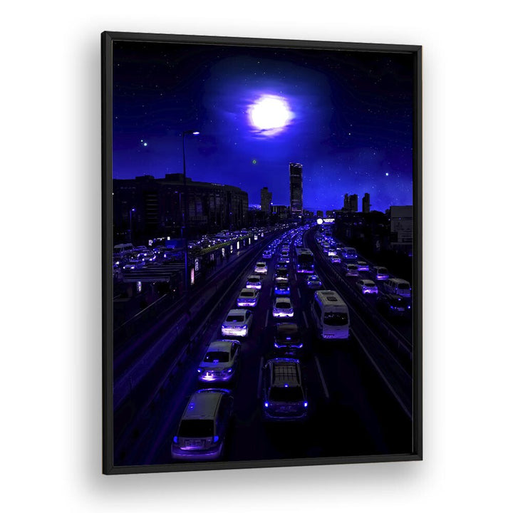 Stunning NEON TRAFFIC, SURREAL ART PRINTS by Ritvik Takkar, showcasing vibrant city life under a mystical night sky.
