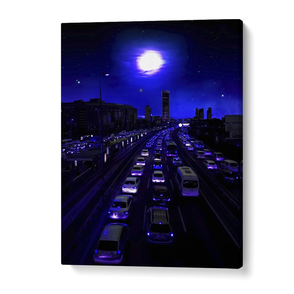 Vibrant NEON TRAFFIC, SURREAL ART PRINTS by Ritvik Takkar showcase a captivating nighttime cityscape.