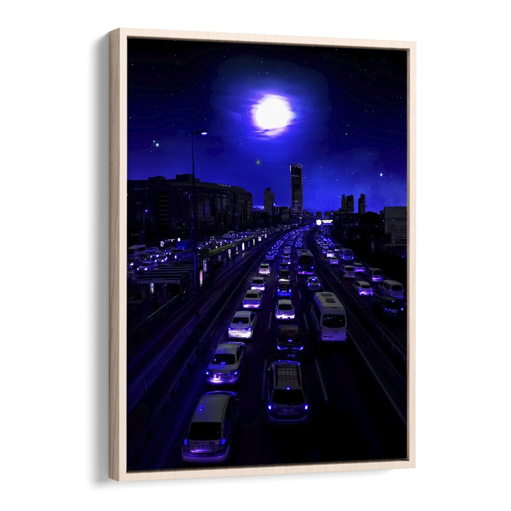 Vibrant NEON TRAFFIC, SURREAL ART PRINTS by Ritvik Takkar, showcasing a bustling night scene in stunning blue hues.