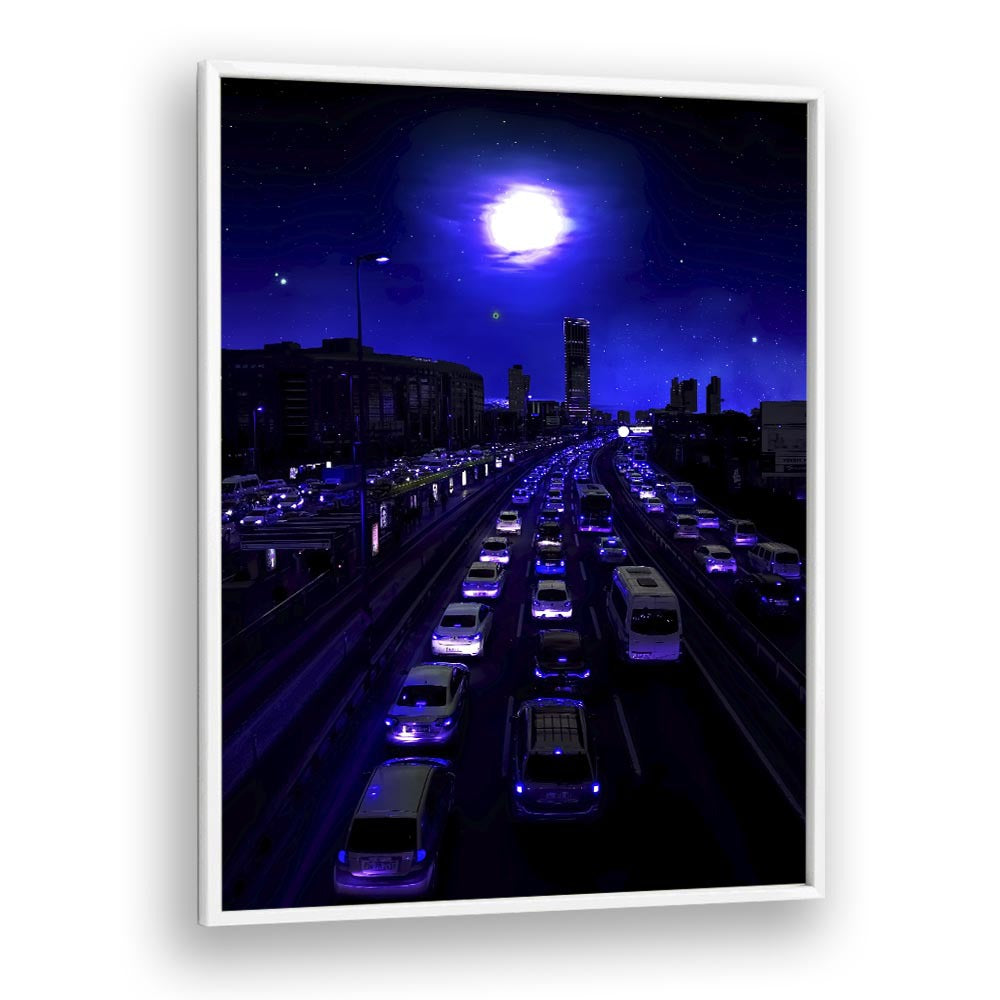 Stunning NEON TRAFFIC, SURREAL ART PRINTS by Ritvik Takkar, showcasing a vibrant cityscape at night in captivating colors.