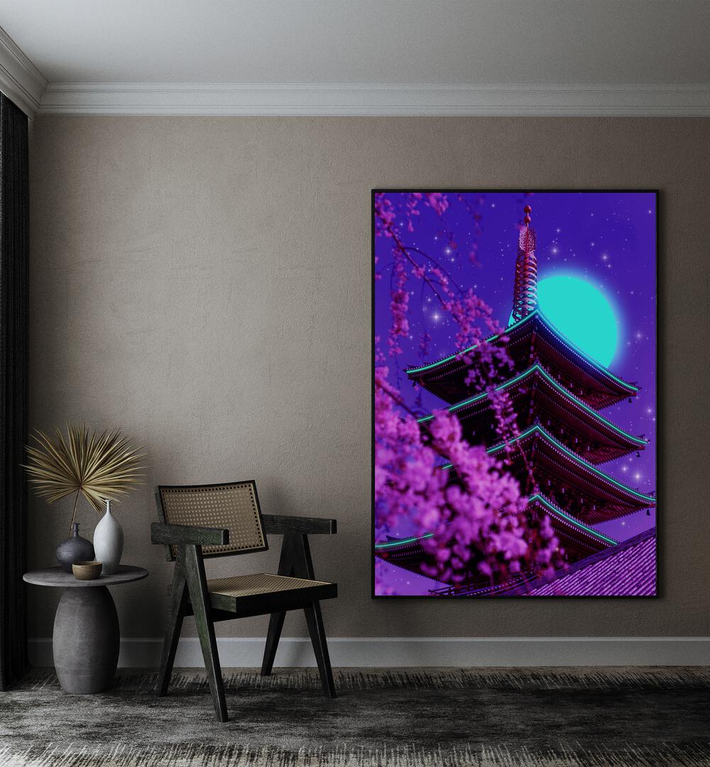 Vibrant NEON TEMPLE, SURREAL ART PRINTS by Ritvik Takkar, enhancing a stylish drawing room with creativity.